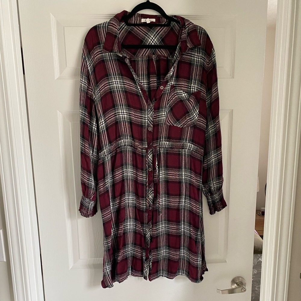 Maurices Long Sleeve Burgundy black and white Plaid Button Up Dress - Size 3x